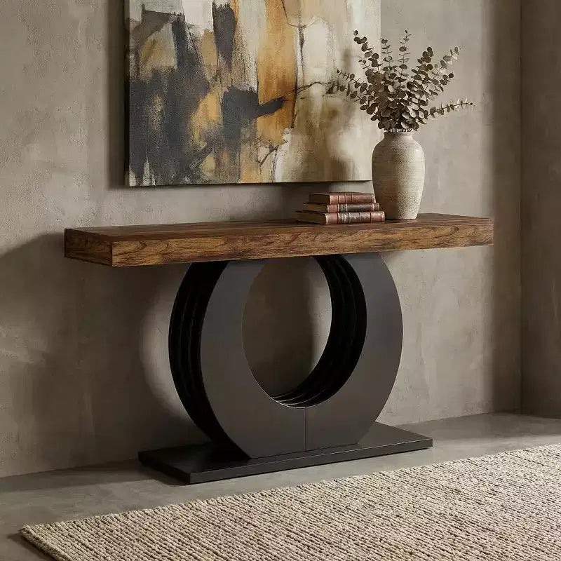 Table d'appoint rustique en bois avec base en métal noir pour salon ou entrée