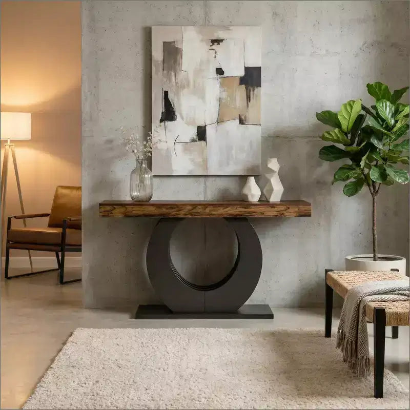 Table d'appoint rustique en bois avec base en métal noir pour salon ou entrée