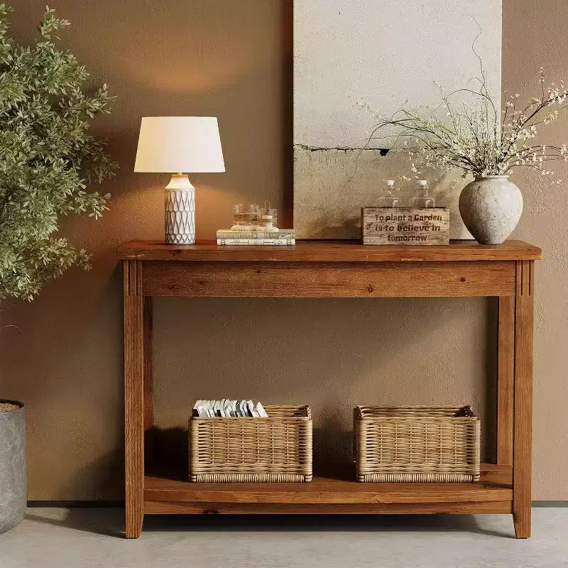 Console en bois massif, table d'entrée de style ferme avec étagère de rangement
