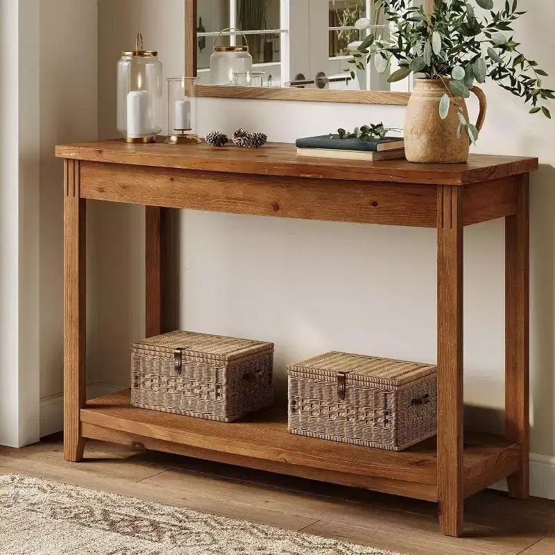 Console en bois massif, table d'entrée de style ferme avec étagère de rangement