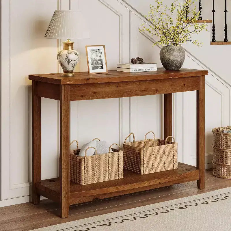 Console en bois massif, table d'entrée de style ferme avec étagère de rangement