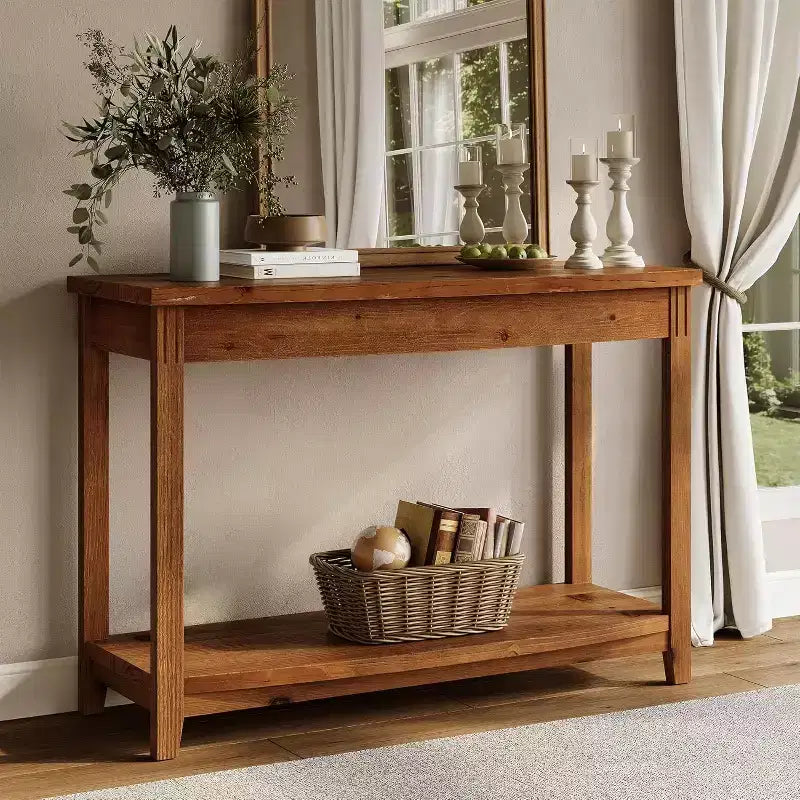 Console en bois massif, table d'entrée de style ferme avec étagère de rangement