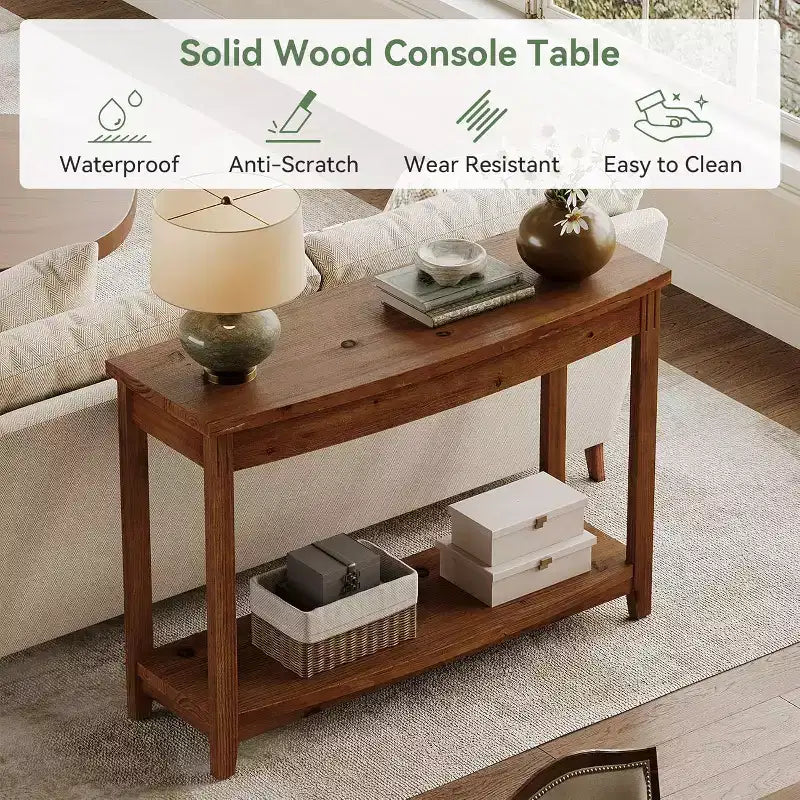 Console en bois massif, table d'entrée de style ferme avec étagère de rangement