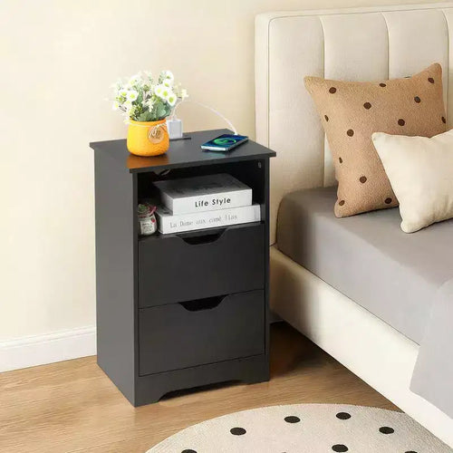 Karl Home 15.7In. Black Nightstand, P2 Particleboard, Matte Melamine, Handleless, 2 Drawers, US Outlet (2 Pcs)