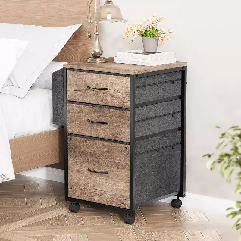 Karl Home15 Inch Embossed Metal Framed Wooden File Cabinet with 3 Drawers and Wheels