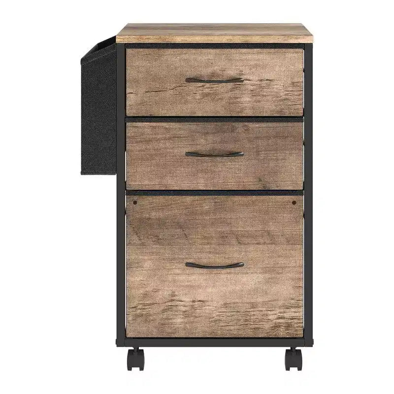 Classeur en bois avec encadrement métallique en relief, 3 tiroirs et roulettes