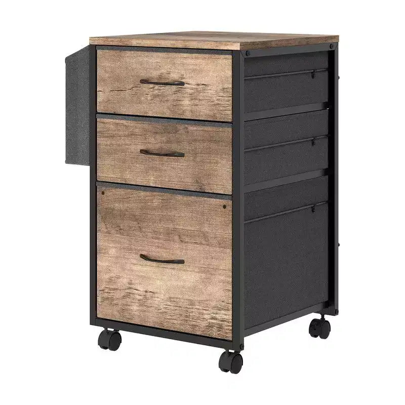 Classeur en bois avec encadrement métallique en relief, 3 tiroirs et roulettes
