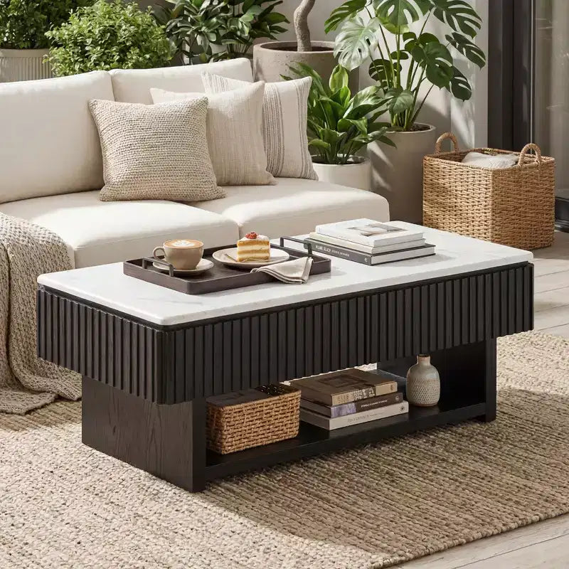 GDFStudio Modern 46.5 Multi-Functional Rectangle Lift Top Coffee Table with White Marble-Pattern Top and Solid Wood Strips