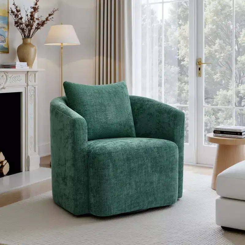Bekrvio Full Assembled Swivel Accent Chair, Chenille Upholstered Barrel Armchair with Pillow, Cozy Single Sofa Chair for Reading Living Room