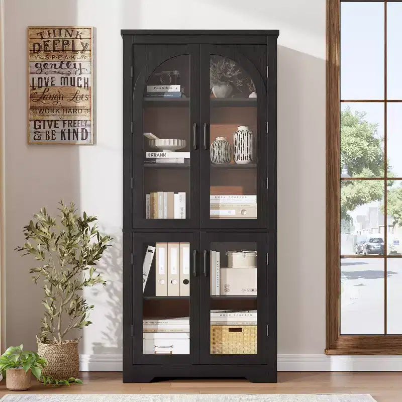 Meuble de cuisine avec garde-manger, vitrine moderne avec 4 portes en verre cintrées
