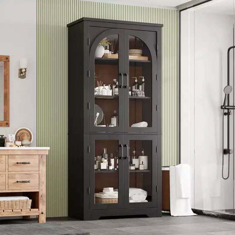 Meuble de cuisine avec garde-manger, vitrine moderne avec 4 portes en verre cintrées