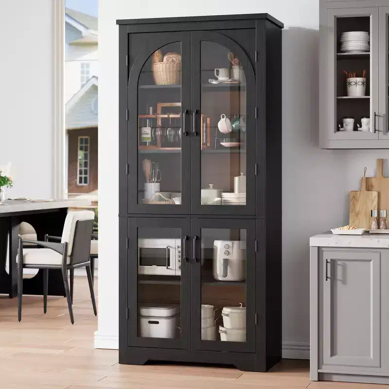 70 Tall Kitchen Pantry Cabinet, Modern Display Cabinet with 4 Arched Glass Doors and Adjustable Shelves, for Kitchen, Living Room, Dining, Bathroom