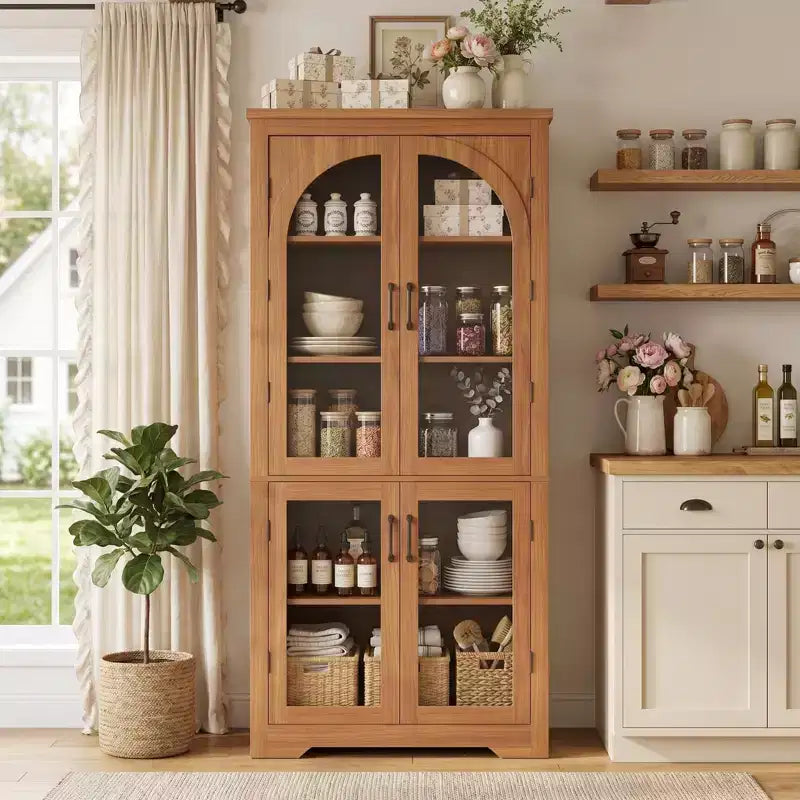 Meuble de cuisine avec garde-manger, vitrine moderne avec 4 portes en verre cintrées